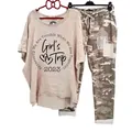 Stylish womens casual two piece set featuring beige graphic t-shirt and camo pants - S / Top And Bottom / Apricot (134105-26)