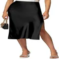 Detailed view of black satin midi skirt featuring side slit and high waist design - S / Black
