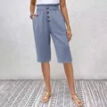 Women's dusty blue cotton linen knee-length shorts with high-waist button detail - S / Bottoms / Light Blue