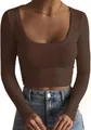 Detailed view of women's ribbed brown long sleeve slim fit scoop neck crop top t-shirt - Coffee