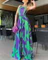 Elegant green and purple leaf print sleeveless wide-leg jumpsuit with matching waist belt - S / Set (SH199) / Green