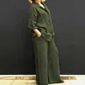 Dark green two-piece set featuring a long-sleeve button-down shirt and wide-leg trousers - Army Green