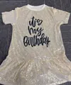 Sparkling gold sequin short sleeve birthday dress for women with ruffled lotus hem - S / Dresses / Rose Gold