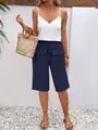 Women's loose navy blue bermuda shorts with drawstring waist and front pockets - S / Bottoms / Navy Blue