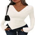 Detailed view of women's white slim fit long sleeve top featuring asymmetric hem and V-neck - S / Tops / White