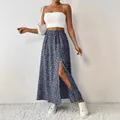 Gonna lunga a trapezio a fiori bohémien con spacco laterale alto e vita elastica - 1XL / Pantaloni e gonne / Blu scuro
