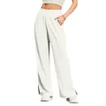 Detailed macro shot of white high-waisted wide-leg trousers featuring a stylish side slit - S / Bottoms / White