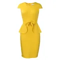 Elegant yellow peplum pencil dress featuring a bow waist and short sleeves design - S / Dresses / Yellow