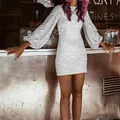 Sparkling silver sequin mini dress with elegant long lantern sleeves and slim fit style - White Silver