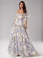 Elegant off-the-shoulder floral organza maxi dress with puff sleeves and tiered skirt - S / Dresses / Blue