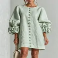 French style light green cotton linen dress featuring 3D flower lantern sleeves and buttons - XS / Dresses / Light Green