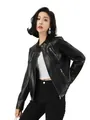 Elegante giacca da moto in ecopelle nera da donna vestibilità slim con dettagli in zip - Taglia L / Top / Nero