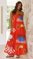 Vibrant red strapless maxi dress with tropical fruit and artistic prints on model - S / Dresses / Red