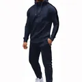 Men's navy blue 2-piece tracksuit set featuring a zip-up hoodie and striped joggers - S / Top And Bottom / Navy Blue