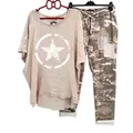 Detail shot of women's casual two-piece set featuring star print top and camouflage pants - S / Top And Bottom / Apricot Star (134105-27)