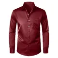 Elegant burgundy men's slim fit satin dress shirt featuring long sleeves and chest pocket - 3XL / Tops / Burgundy