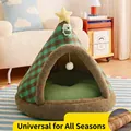 Enclosed Christmas tree shaped pet cat bed with green plaid pattern and soft star top decoration - S: 38*38cm (For small dogs or cats within one month) / Christmas Bear with Cooling Mat / Green Brown Plaid
