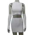 Set 3 pezzi in maglia a coste bianca con crop top senza maniche, minigonna e manicotti - Taglia S / Top E Pantaloni / Bianco