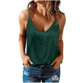 Front view of green V-neck sequin tank top showing elegant fit and texture - S / Tops / Green
