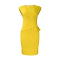 Elegant yellow sleeveless pleated bodycon pencil dress with peplum waist detail - S / Dresses / Yellow