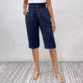 Navy blue cotton linen casual shorts featuring paperbag waist with buttons and pockets - S / Bottoms / Navy Blue
