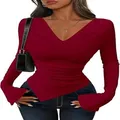 Detail view of long-sleeved burgundy slim fit top with unique asymmetric hem - Burgundy