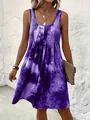Detail of purple tie-dye sleeveless dress featuring pleated neckline design - S / Dresses / Purple