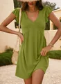 Detailed view of green V-neck dress with elegant ruffle sleeves for beach leisure. - S / Dresses / Grass Green