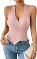 Detail of pink ribbed halter neck wrap top with asymmetric hem for summer - S / Tops / Pink