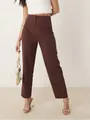Full view of elegant brown high-waisted straight-leg trousers for professional office wear - S / Bottoms / Burgundy
