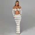 Elegant striped two-piece set with halter long sleeve crop top and maxi skirt - S / Top And Bottom / Camel