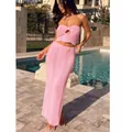 Elegant pink crochet knit two-piece set featuring a tube top and bodycon maxi skirt - S / Top And Bottom / Pink