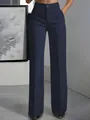Elegant women's high-waisted navy blue straight-leg suit trousers with a drapey fit - Navy Blue