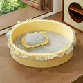 Yellow floral pet bed with lace trim and matching pillow for cats and small dogs. - Vintage Floral / S (40x33x11cm)-Sponge Filled