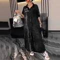 Full length black denim shirt dress with letter print and turn-down collar style - 3XL / Dresses / Black