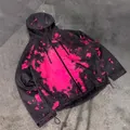 Black waterproof hooded jacket featuring pink splash patterns, temperature sensitive fabric - S / Tops / Black to Pink