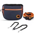Professional blue and orange dog training treat bag set with waist strap and leash - Paw Print Set (With Double Leash) / Deep Blue