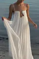 Elegant white pleated spaghetti strap maxi dress with unique U-wire neckline for beach vacation - S / Dresses / White