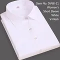 Elegant women's professional slim-fit short-sleeved white cotton shirt with V-neck - 38 / V-neck Top (DV68-11) / T-Shirts / White