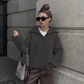 Vintage loose women's knit sweater with quarter-zip V-neck collar and long sleeves - S / Tops / Coffee