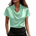 Close-up of mint green satin short sleeve blouse with elegant cowl neck and polo collar - S / Tops / Green
