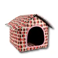 Foldable strawberry print pet house bed for cats and small dogs with soft padding - Pink and White Strawberry