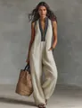 Detailed view of women's linen blend jumpsuit with printed stand collar and zipper - S / Jumpsuits / White