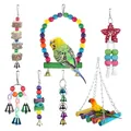 Set of 6 colorful bird toys including swings, bells, and natural wood chew blocks for parrots - 7-Piece Set (Style 5)