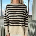 Stylish women's relaxed fit striped knit sweater in a cozy beige and brown color palette - S / Tops / Khaki