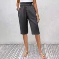 Women's dark gray high-waisted cotton linen shorts with button front and pockets - S / Bottoms / Dark Gray