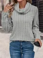 Fashionable women's grey cowl neck ribbed long sleeve sweater in street style view - S / Tops / Gray