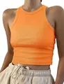 Dettaglio ravvicinato di un crop top a costine arancione senza maniche per donna - Taglia S / Top / arancio-rosso