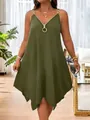 Elegant olive green sleeveless V-neck dress with zipper detail and chain straps - 1XL / Dresses / Army Green