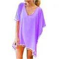 Detail of purple chiffon beach cover-up with white pom-pom fringe trim - S / Tops / Purple